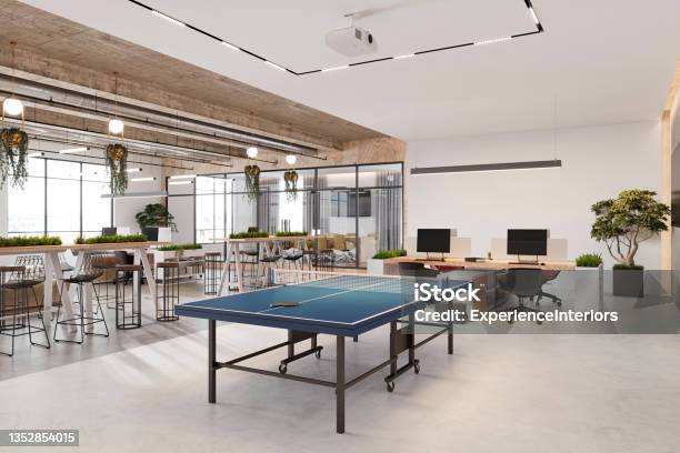 Modern Open Plan Office Space Interior Stock Photo - Download Image Now - Office, Table Tennis, Wall - Building Feature