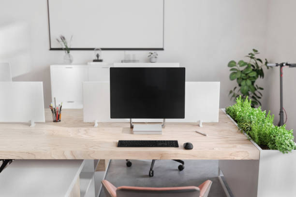 istock Large blank monitor on office desk 1352854025