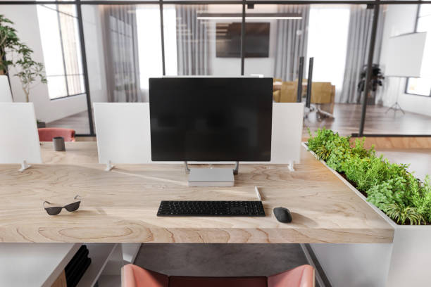 istock Large blank monitor on office desk 1352854035