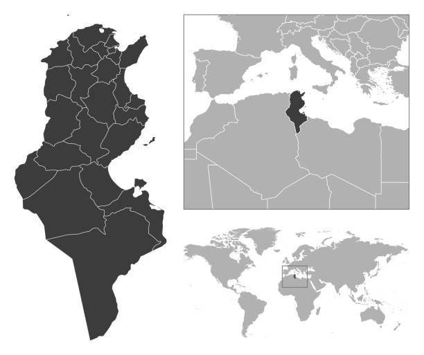 Tunisia - detailed country outline and location on world map. Tunisia - detailed country outline and location on world map. Vector illustration tun stock illustrations