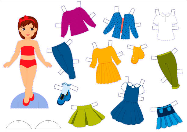 ilustrações de stock, clip art, desenhos animados e ícones de paper doll with clothes set. cute girl. template for cutting. - isolated on white white background six objects group of objects