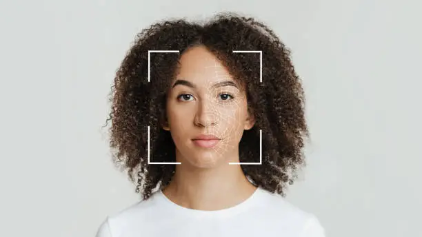 Biometric facial recognition of calm young african american female, isolate on gray background, copy space, panorama. Future tech, face detection, scanning, secure system and id biometric, collage