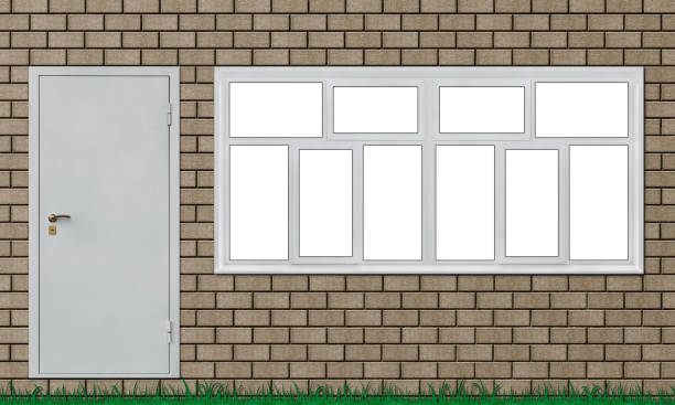 Modern interior design. Brick house with a large plastic window and a metal door. 3D rendering.
