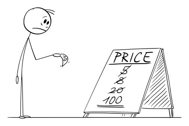 inflation, sie kaufen weniger für ihr geld, vektor cartoon strichmchen illustration - inflation stock-grafiken, -clipart, -cartoons und -symbole