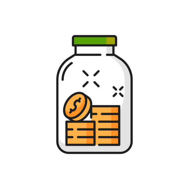 Glass money jar full of coins with dollar sign i Money in glass jar moneybox isolate color line icon. Vector growth of income and savings, investment and wealth symbol, pile heap of gold coins. Business success, insurance, saving money in moneybox deposit bottle stock illustrations