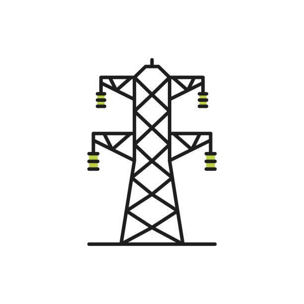 illustrations, cliparts, dessins animés et icônes de tour en treillis et ligne électrique aérienne isolées - megawatt