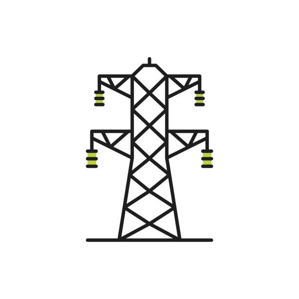 ilustrações, clipart, desenhos animados e ícones de torre de rede e linha de energia aérea isolada - megawatt