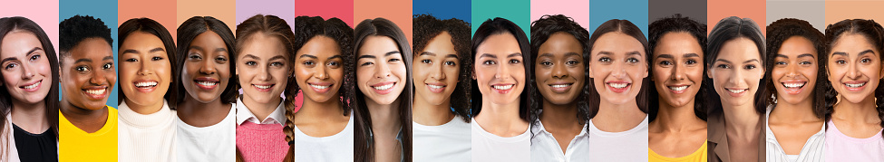 Collage Of Diverse Smiling Female Faces Of Different Race And Age Over Colorful Backgrounds, Headshots Of Multiethnic Happy Women Looking At Camera, Posing Over Bright Backdrops, Panorama