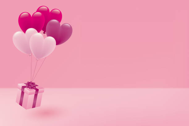 istock Illustration of pink heart balloons and gift box 1352858564