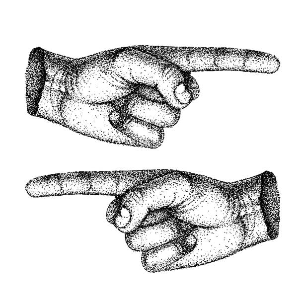 Forefinger. Pointing, hand gesture showing direction. Hand-drawn vintage sketch, vector illustration, pointillism. Two directions - Left, Right. Forefinger. Pointing, hand gesture showing direction. Hand-drawn vintage sketch, vector illustration, pointillism. Black and white template in retro style. Two directions - Left, Right. designate stock illustrations