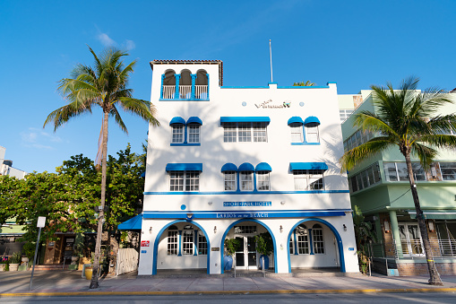 Miami, USA - April 15, 2021: Shore Park Hotel on Ocean Drive art-deco district in Florida.