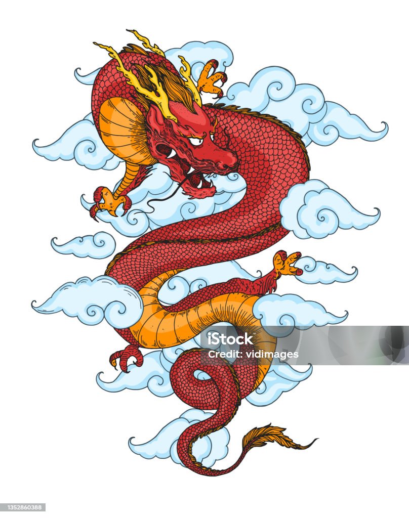 Chinese Red Dragon With Clouds Hand Drawn Vector Illustration Tattoo Print  Hand Drawn Sketch Illustration For Tshirt Print Fabric And Other Uses Stock  Illustration - Download Image Now - iStock
