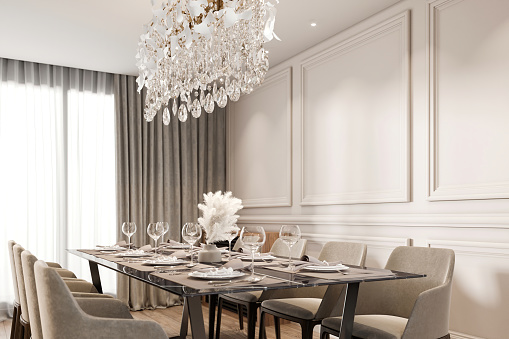 Luxury apartment dining room interior. Dining table, chairs, parquet, pendant lamp, window, white wall and decoration. Template for copy space. Render.