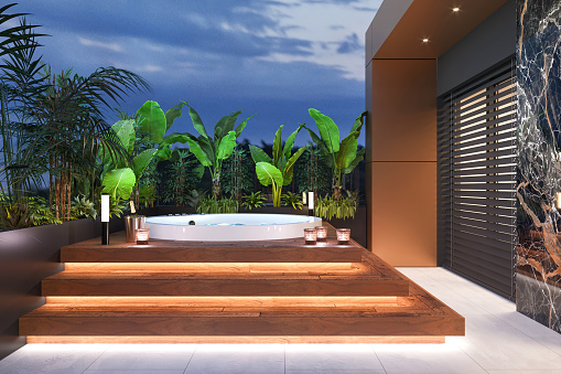 Luxury apartment terrace with hot tub hot tub. Wooden platform, plants, candles and LED light. Template for copy space. Render.