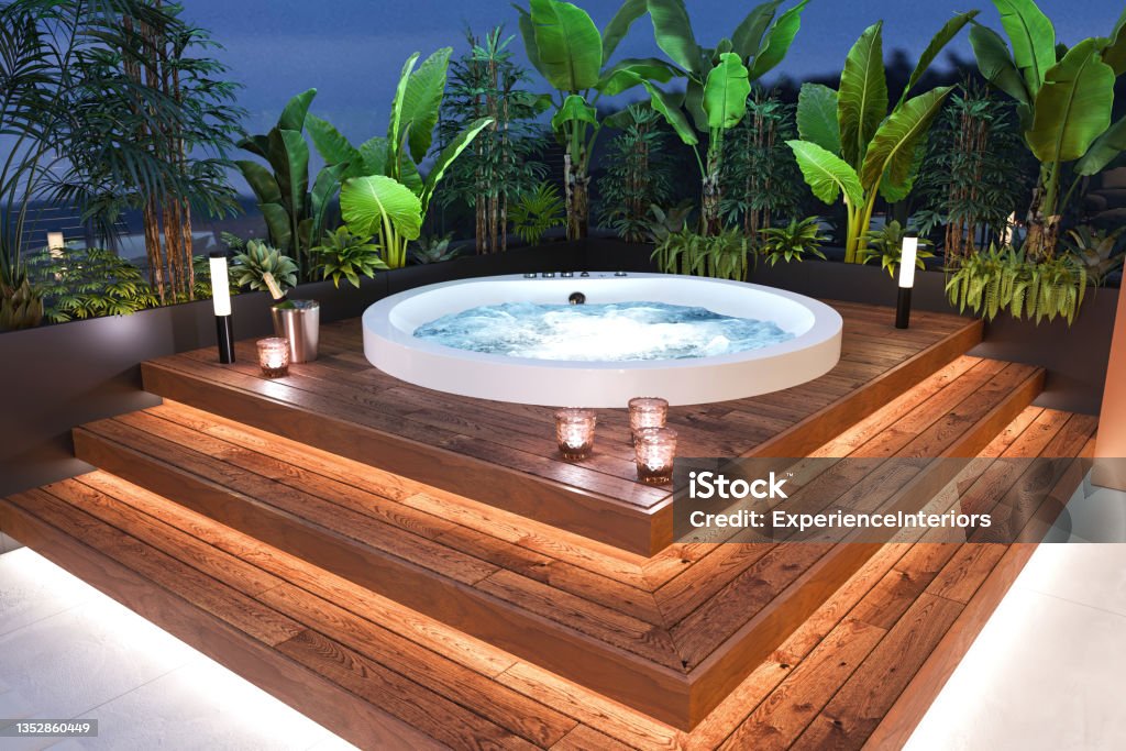 Luxury apartment terrace with hot tub hot tub Luxury apartment terrace with hot tub hot tub. Wooden platform, plants, candles and LED light. Template for copy space. Render. Hot Tub Stock Photo
