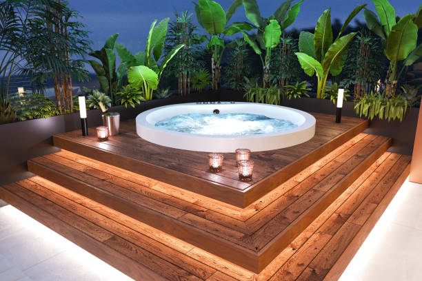 Luxury apartment terrace with hot tub hot tub Luxury apartment terrace with hot tub hot tub. Wooden platform, plants, candles and LED light. Template for copy space. Render. deck stock pictures, royalty-free photos & images