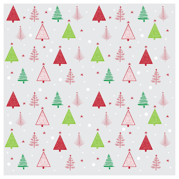 istock Wrapping paper for Christmas with different types of Christmas trees and snowflakes. 1352860734