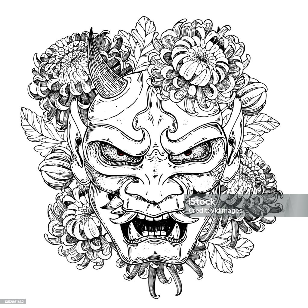 spisekammer anekdote I hele verden Hannya Mask With Chrysanthemum Flowers Hand Drawn Vector Illustration  Traditional Japanese Demon Tattoo Print Hand Drawn Illustration For Tshirt  Print Fabric And Other Uses Stock Illustration - Download Image Now - iStock