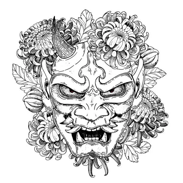 Vector illustration of Hannya mask with chrysanthemum flowers hand drawn vector illustration. Traditional japanese demon. Tattoo print. Hand drawn illustration for t-shirt print, fabric and other uses.