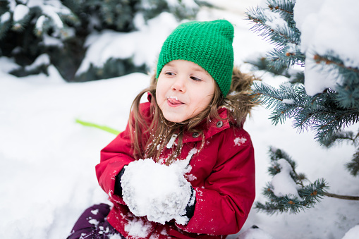 Toddler girl eating snowball. Child tasting snow. Children playing with snow. Awesome winter outdoor activities for kids concept. Wintertime