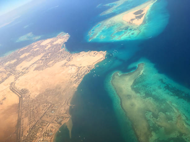 Aero-view of Hurghada, Egypt. Jaza'ir Jiftun, Juzur Abū Minqār (also named Giftun Islands) are also included in the image.