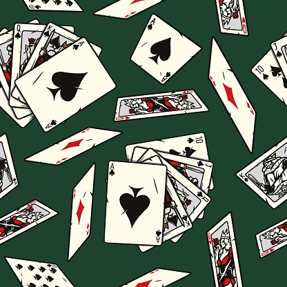 Gambling colorful seamless pattern in vintage style with royal flush of spades poker hand and falling playing cards on green background vector illustration