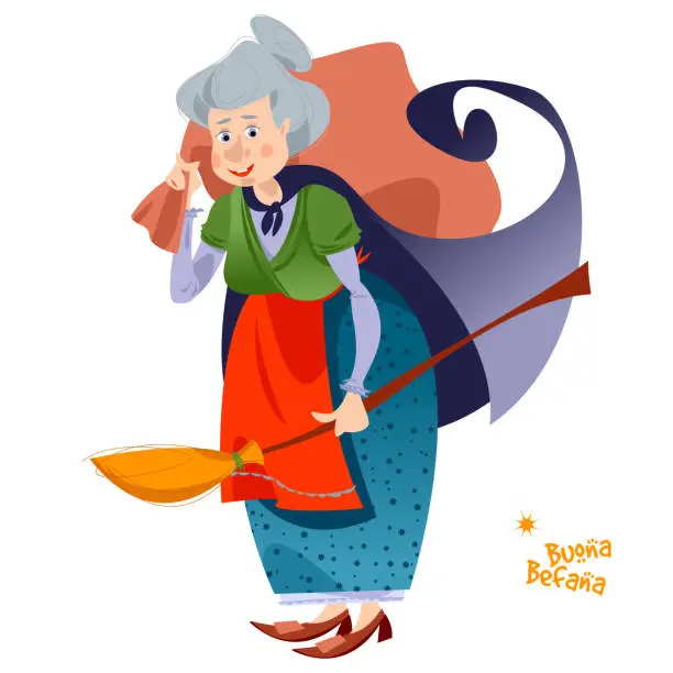 Vector illustration of Old woman with a bag of gifts and a broomstick. Buena Befana (happy Epiphany). Italian Christmas tradition.