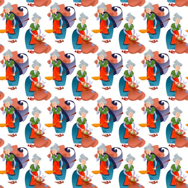 Vector illustration of Old woman with a bag of gifts. Buena Befana (happy Epiphany). Italian Christmas tradition.  Seamless background pattern.