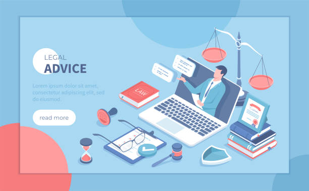 Legal Advice and Aid. Online services. A professional lawyer gives consultation through a laptop. Law and justice concept. Isometric vector illustration for poster, presentation, banner, website. Legal Advice and Aid. Online services. A professional lawyer gives consultation through a laptop. Law and justice concept. Isometric vector illustration for poster, presentation, banner, website. lawyer backgrounds stock illustrations