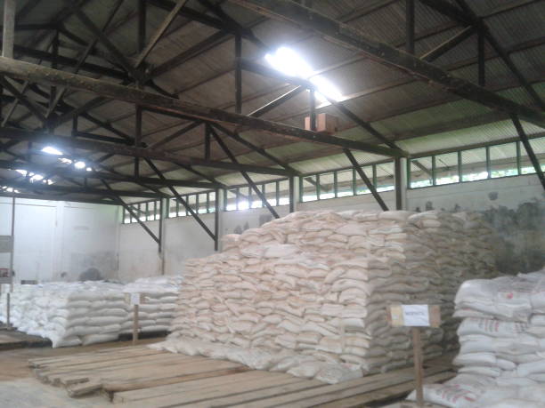 istock Warehouse with piles of sacks of fertilizer 1352873018
