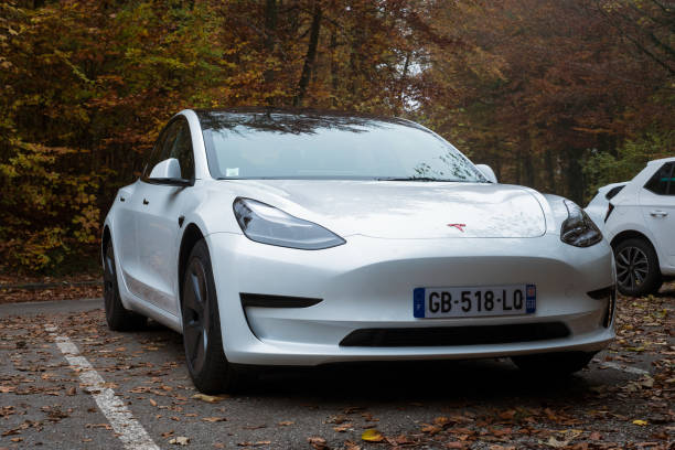 Front view of white Tesla, the famous electric car parked in border the forest Mulhouse - France - 11 November 2021 - Front view of white Tesla, the famous electric car parked in border the forest tesla model 3 stock pictures, royalty-free photos & images