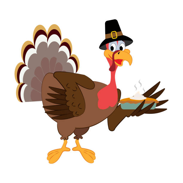 istock Funny Thanksgiving Turkey bird cartoon character with pumpkin pie 1352873362