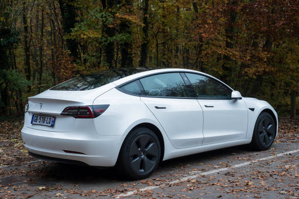 Rear view of white Tesla car, the famous electric car parked in border the forest Mulhouse - France - 11 November 2021 - Rear view of white Tesla car, the famous electric car parked in border the forest tesla model 3 stock pictures, royalty-free photos & images