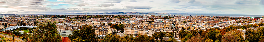 Panorama looking north towards Fife Region from the summit of Calton Hill in Edinburgh, Scotland.