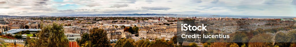 Calton Hill view north, Edinburgh Panorama looking north towards Fife Region from the summit of Calton Hill in Edinburgh, Scotland. Scotland Stock Photo