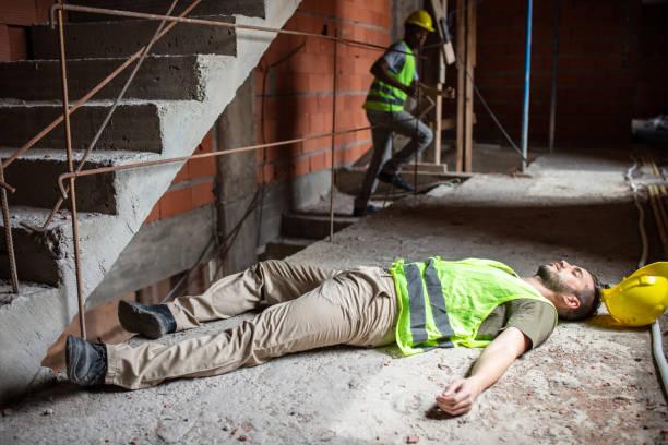 istock Unconscious man worker lying on the floor after an accident on the construction site 1352878693