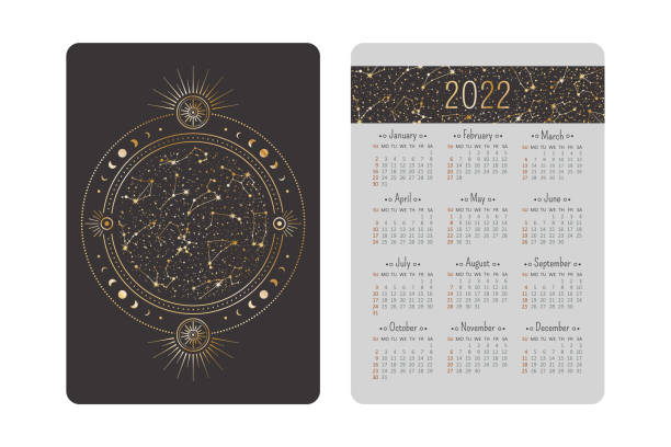 ilustrações de stock, clip art, desenhos animados e ícones de vector tarot pocket year 2022 celestial calendar with shining ornate golden zodiac circle, stars and moon phases on a cover. two-sided card template with mystic outline illustration in boho style - lunar year