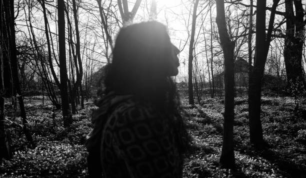 woman sitting on a tree stump in the forest