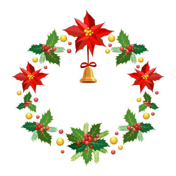 weihnachtskranz. vektorillustration, icon, logo, kunst. gelbgoldene glocke mit rotem band, weihnachtsstern und kiefernnadeln eines weihnachtsbaums auf weißem grund. winter-weihnachtsurlaubskonzept. - bell frame ribbon vector stock-grafiken, -clipart, -cartoons und -symbole