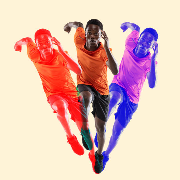 istock Creative collage of man, professional athlete, runner isolated over white background. Glitch and duotine effect 1352881610