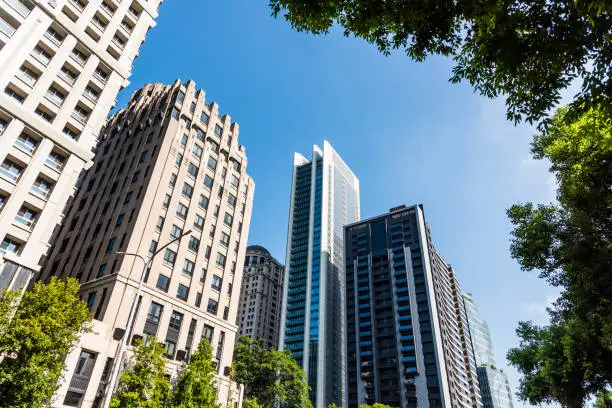 Photo of Low angle view of the modern architectural landscape in Taichung, Taiwan.