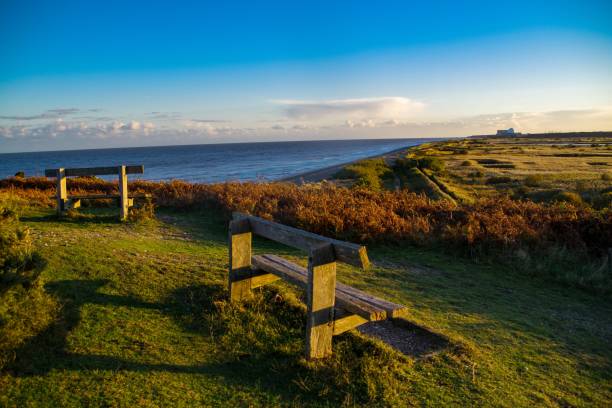 le tranquille dune e paludi della costa del suffolk bagnate dalla luce del tardo autunno, east anglia, regno unito - sizewell b nuclear power station foto e immagini stock