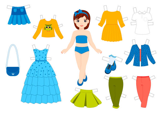 ilustrações de stock, clip art, desenhos animados e ícones de paper doll with clothes set. cute girl. template for cutting. - isolated on white white background six objects group of objects