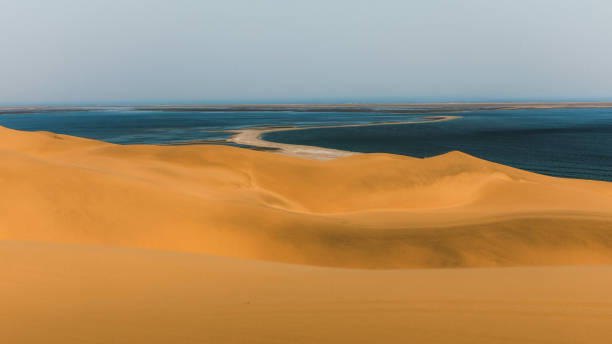 istock Scenic arid landscape with sand dunes and the ocean in Namibia 1352886010