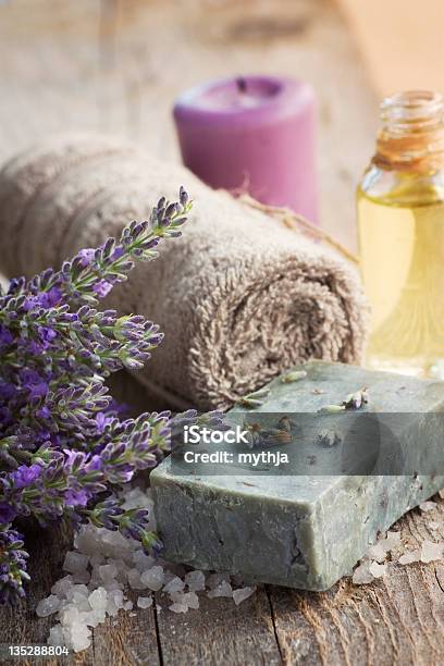 Spa With Lavender And Towel Stock Photo - Download Image Now - Aromatherapy Oil, Bar Of Soap, Bath Salt