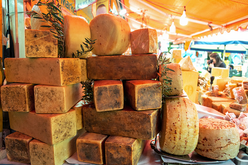 Variety of cheeses in Ballaro Market in Palermo, Italy
