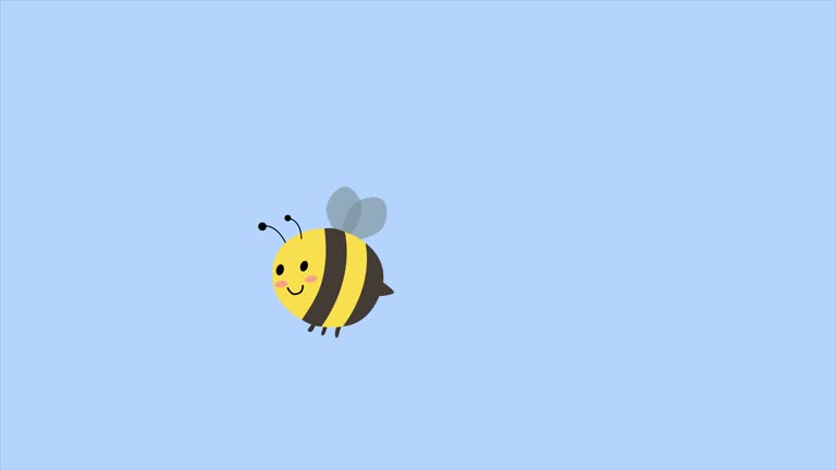 Cute bee cartoon flying left to right against blue background. Bee smiling and happiliy flying animation. 4K Resolution, Matte - Finish, Loopable.