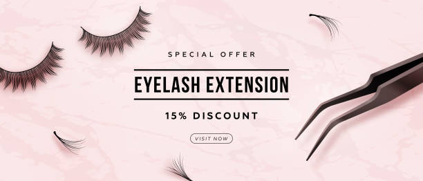 Discount horizontal banner with realistic false lashes Discount horizontal banner with realistic false lashes and lash extension tools on pink background. Vector illustration eyelash stock illustrations