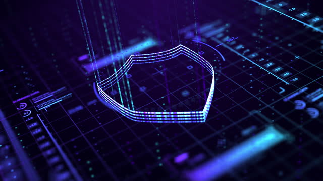 Cyber security abstract concept. 3D contour of shield icon on digital background. Computer safety symbol 3D