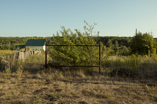 An old rusty metal frame structure in the middle of green bushes and sun-scorched yellow grass and anthills on a sunny summer day